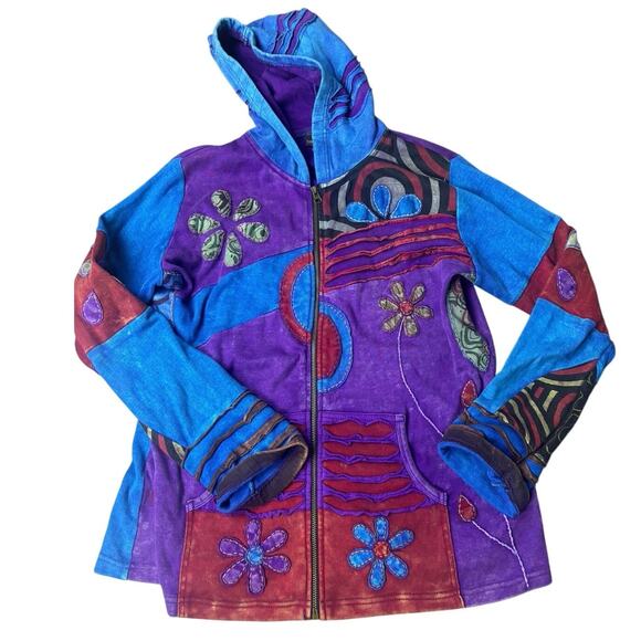 Rising International Patchwork Boho Hoodie Jacket Multicolor Cotton L Nepal - Picture 1 of 7
